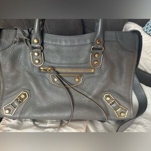 Balenciaga Gray Small city Shoulder Bag with Gold Details